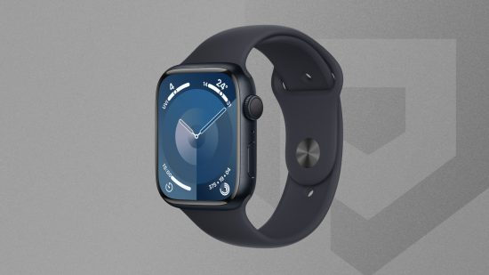 最高のスマートウォッチ ガイド用の、グレーの Pocket Tactics の背景に黒の Apple Watch シリーズ 9 のカスタム画像
