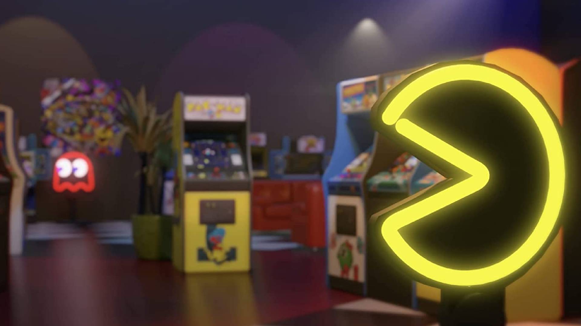 最高のパックマン ゲーム: アーケードには輝くネオンのパックマン ライトが表示されます