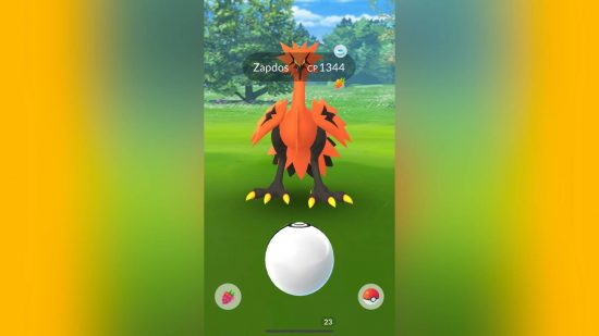 Pokémon Go マスターボール: Pokémon Go のスクリーンショットは、ガラルザプドスが捕獲の準備ができていることを示しています