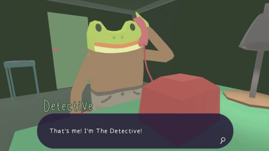 ポイント アンド クリック ゲーム - 緑の部屋で電話に出るカエル探偵