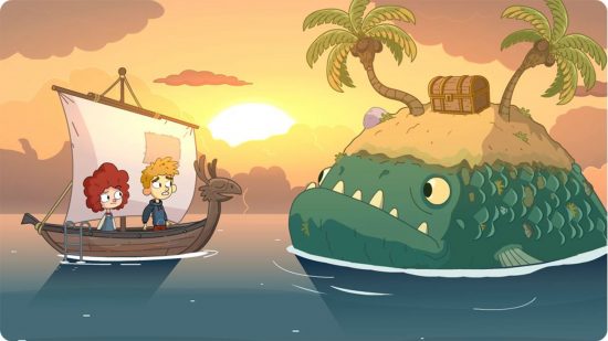ポイント アンド クリック ゲーム - Lost In Play の 2 人の人間型キャラクターがモンスターに向かってボートを航行します