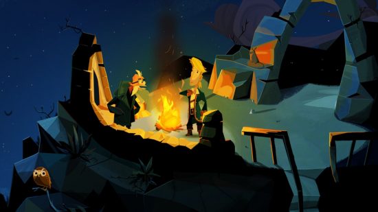 ポイント アンド クリック ゲーム - Return To Monkey Island の崖の上のキャンプファイヤーに座る 2 人のキャラクター