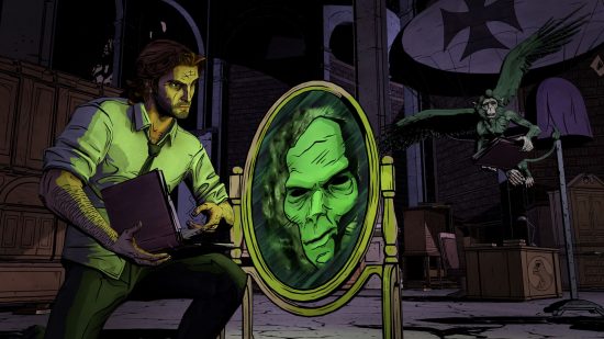 ポイント アンド クリック ゲーム - Wolf Among Us の保安官が呪われた鏡を覗き込み、飛んでくる猿が近づいてくる