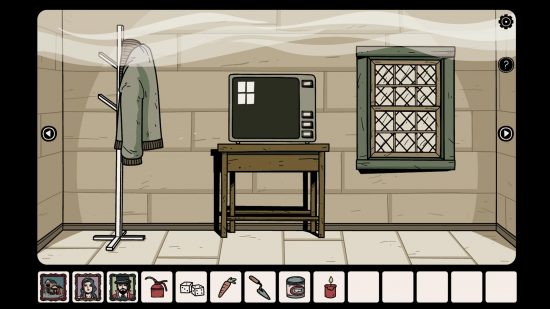 ポイント アンド クリック ゲーム - コート掛け、テレビ、窓が表示される Nowhere House の不可解なレベル
