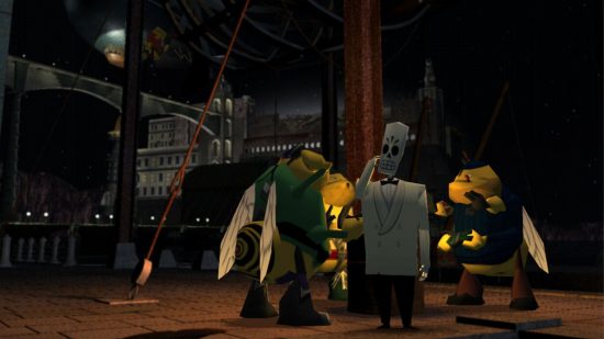 ポイント アンド クリック ゲーム - 夜の街でボートの上に立つ厳しいファンダンゴのキャラクター