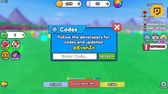 Blob Eating Simulator コード: コード入力画面のスクリーンショット、ゲームの背景上の青いポップアップ ボックス