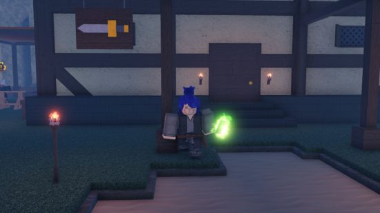 クローバー報復コード - ゲーム内の鍛冶屋の外に立つ Roblox キャラクター