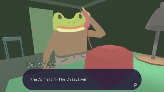 電話に出るカエルを示した「カエル探偵 謎全体」のスクリーンショット