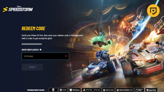 Disney Speedstorm コード: 画像の右上に Pocket Tactics のロゴが入った、プレイヤー ID を要求するコード引き換え Web サイトのスクリーンショット