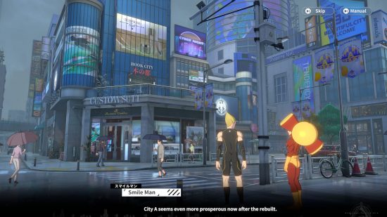 ワン パンマン: ワールド レビュー - 都市 A の路上に立っているマックス ライトニングとスマイル マンを示す PC ゲームプレイのスクリーンショット 