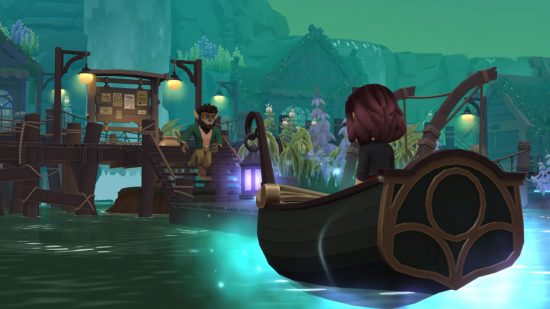 ライフ シム: ワイルド フラワーズの小さな木製ボートに乗って波止場に向かうキャラクター