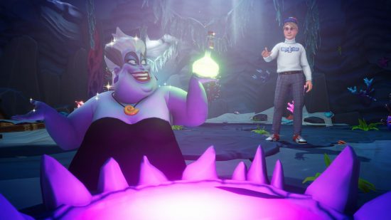 人生シミュレーション ディズニー ドリームライト バレーのアースラが暗い洞窟で人間のキャラクターに話しかける