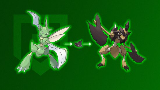 Scyther の進化: Scyther、黒いオーギュライト、そして緑の背景の前で緑に輝く Kleavor