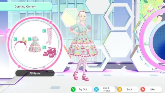 Fashion Dreamer レビュー: ゲームのスクリーンショット。Cunning Camryn の服装の概要を示しています。長い三つ編みのブロンドの髪、サンデー モチーフのミントとピンクの 50 年代のダイナー スタイルのロリータ ドレス、縞模様のピンクのソックス、ピンクのヒールの靴が特徴です。
