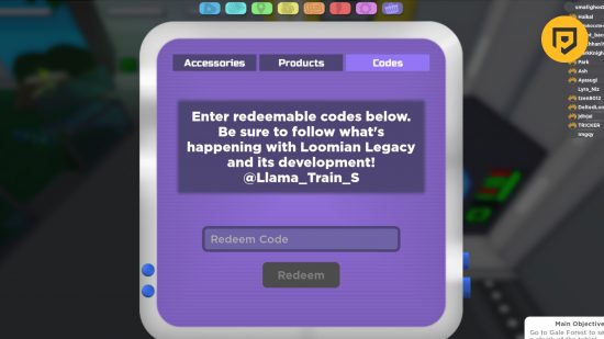 Loomian Legacy コード: 右上隅に PT ロゴが表示されたゲームの紫色のコード メニューのスクリーンショット