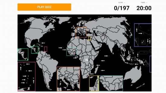 Sporcle クイズ: Web サイト Sporcle のスクリーンショットは、世界の国に基づいたクイズを示しています