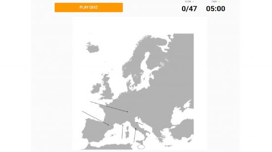 Sporcle クイズ: Web サイト Sporcle のスクリーンショットは、ヨーロッパ諸国に基づいたクイズを示しています