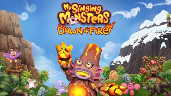 My Singing Monsters ゲーム ガイドの、1 体の火山モンスターがプレイヤーを見ている、My Singing Monsters Dawn of Fire のキー アートのスクリーンショット
