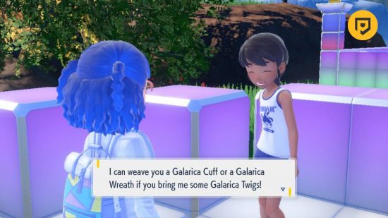 ヤドンの進化：海岸広場でガラリカの小枝の女の子と話しているダズの青い髪のポケモンキャラクターのスクリーンショット
