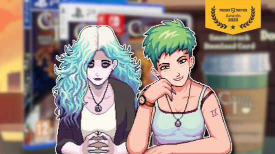 居心地の良いゲーム: 2 人の Coffee Talk のカバー アート キャラクターがぼやけたソーシャル画像に貼り付けられ、その上に PT 賞のバナーが表示されます