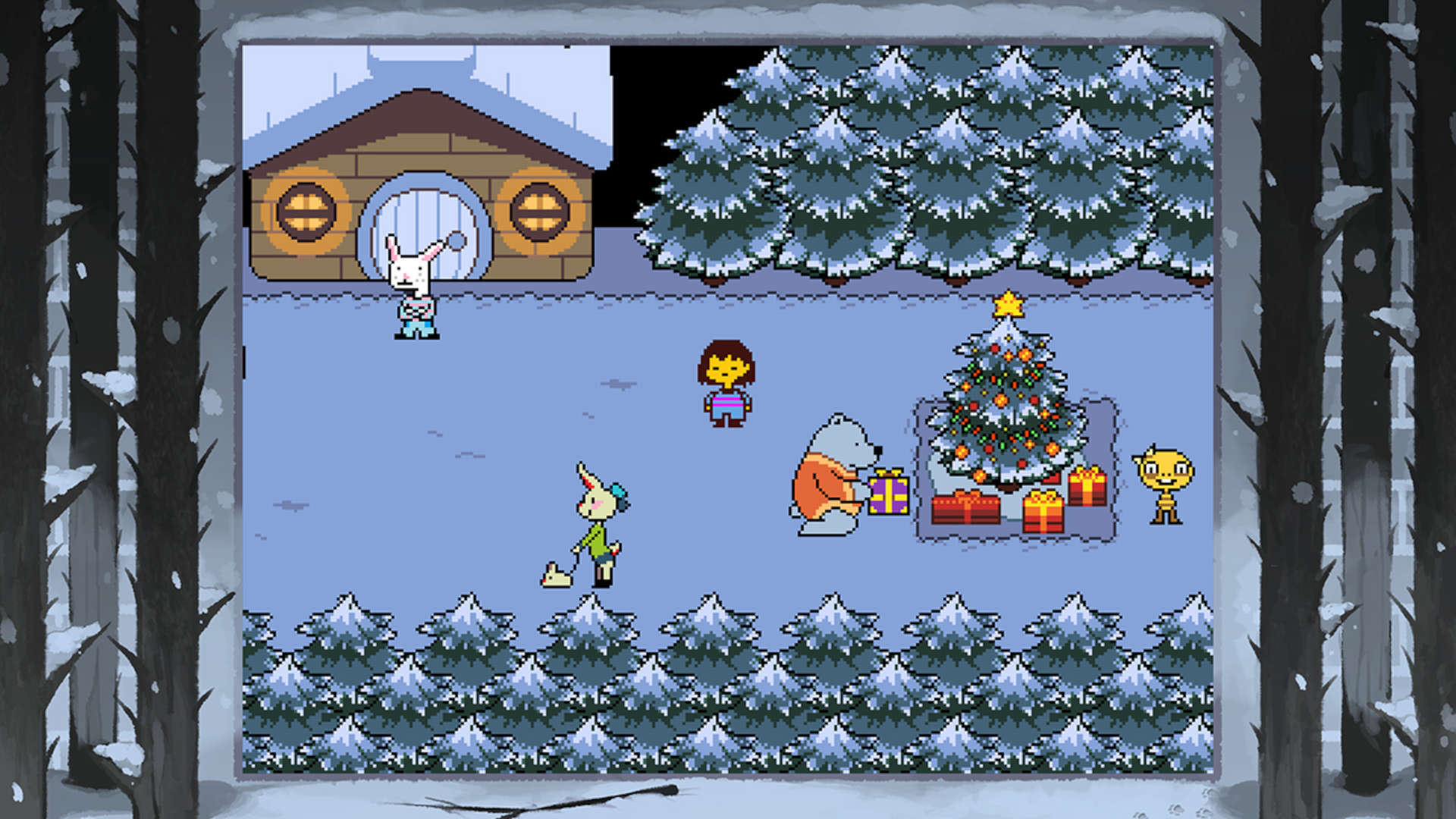 クリスマス ゲーム - 雪とクリスマス ツリーに囲まれた Undertale の主人公
