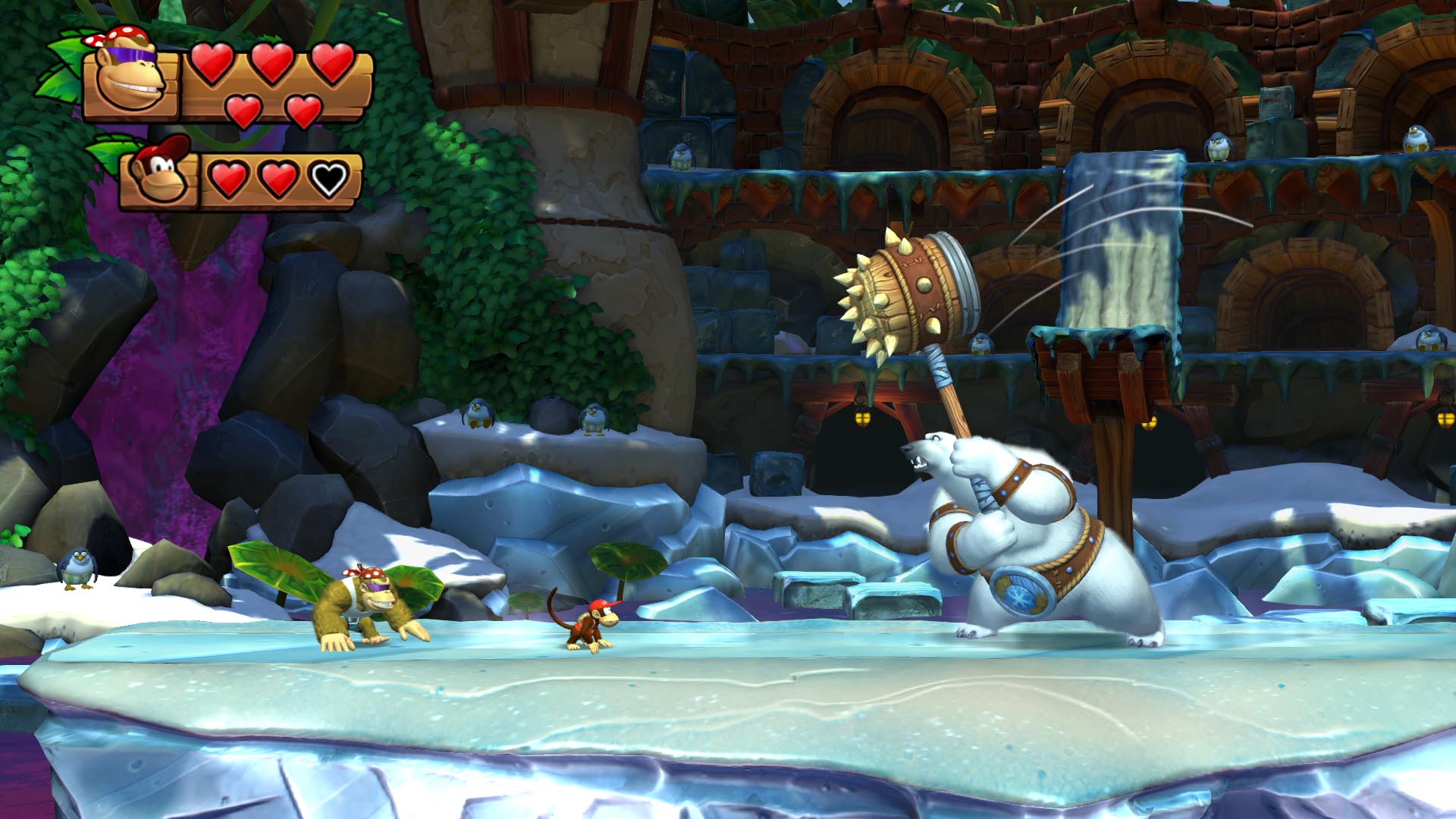 クリスマス ゲーム - ハンマーで巨大なシロクマと戦うドンキーコング