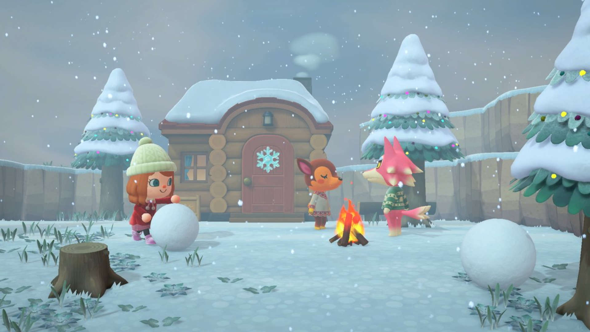 クリスマス ゲーム - 冬の風景の中を巨大な雪玉を転がすどうぶつの森の村人