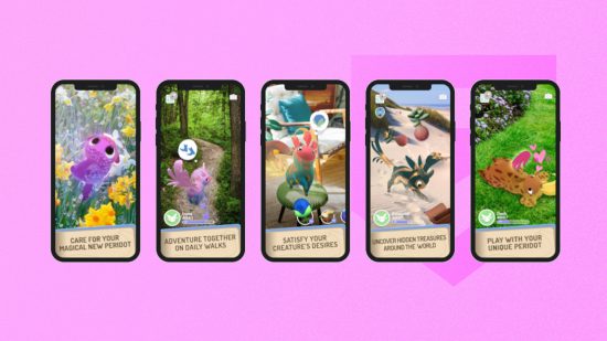 Peridot の悪い AR ゲーム: バブルガム ピンクの PT 背景で Peridot の機能を披露する一連の携帯電話
