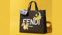 フェンディ ポケモン: マンゴーの背景に 2 人のドラゴナイトと Fenti と書かれた白い文字が描かれたフェンディの長方形のバッグと、ドラティーニをテーマにしたカード ホルダーの公式写真