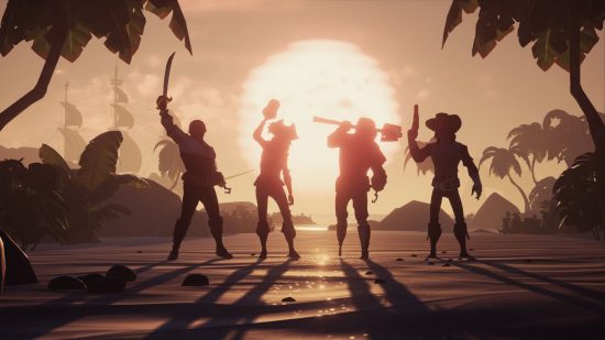最高の Steam デッキ ゲーム - Sea of​​ Thieves: 武器を持ってビーチに立つ 4 人の海賊