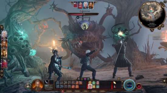 最高の Steam デッキ ゲーム - Baldur's Gate 3: 巨大なモンスターと戦うパーティー。画面の下部にメニューが表示されます。