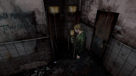 Silent Hill 2 Switch - 壁に文字が書かれた荒廃した建物に立っている男性