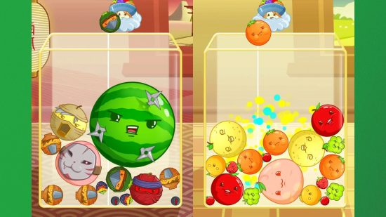 Suika Games - フルーツの異なる皮を示す Kyo の Fruit Merge の 2 つのスクリーンショット
