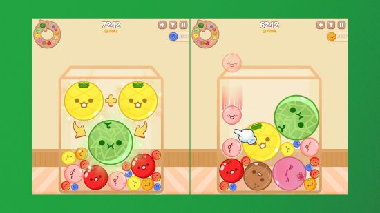 Suika Games - フルーツを結合する方法を示す Melon Maker の 2 つのスクリーンショット