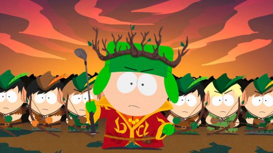 サウスパークのゲーム: いばらの冠をかぶった緑の帽子をかぶったサウスパークのキャラクターが、赤い空を背景に怒っている人々の群衆の前で棒を掲げています。