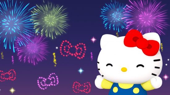 ハローキティ ゲーム: My Hello Kitty Cafe 開発者の Twitter からの、花火を見て微笑むキティのアート作品