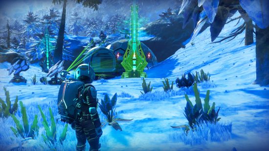 最高の SF ゲーム ガイドの No Man's Sky の雪の惑星にある宇宙基地のスクリーンショット