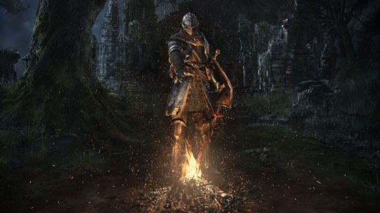 ARPG: Dark Souls のキーアートは、鎧を着てたき火に手をかざしている騎士を示しています