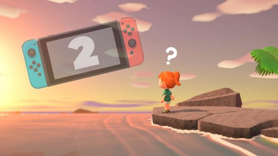 新しいどうぶつの森ゲーム - 無人島の空で Nintendo Switch を見つめるキャラクター