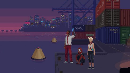 サイバーパンク ゲームのドックに 3 人のキャラクターが立っていた - レッド ストリングス クラブ