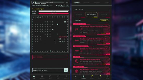 サイバーパンク ゲームの 2 つのスクリーンショット - Cyber​​Code Online でテキスト ベースのゲームを表示