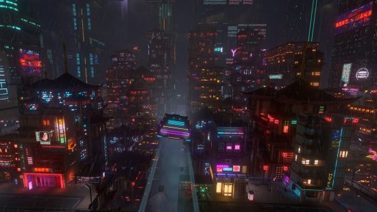 サイバーパンク ゲームの都市の眺め - 夜のクラウドパンク