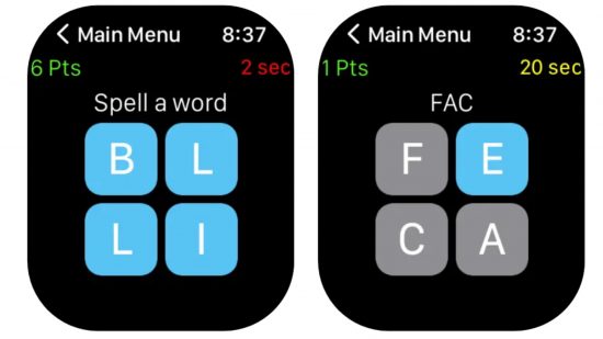 Apple Watch ゲーム - 異なる文字が青で強調表示された 2 つの 2x2 グリッド