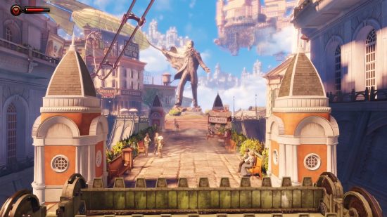 スチームパンク ゲーム - 雲と青空に囲まれた町の中心に彫像が座っています。