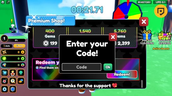 Anime Racing 2 コード: 右上隅に PT ロゴが表示された、ゲームのひどく忙しいコード引き換え画面のスクリーンショット