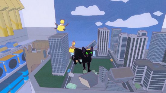 リトルキティ、ビッグシティのレビュー - 模型都市で建物を倒し、アヒルの子が後ろを追いかけるキティのスクリーンショット